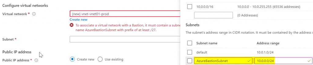 Azure Bastion create subnet