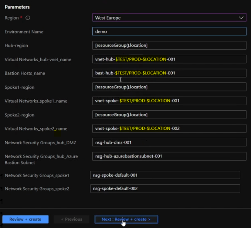 Hub and Spoke with Bastion template form description